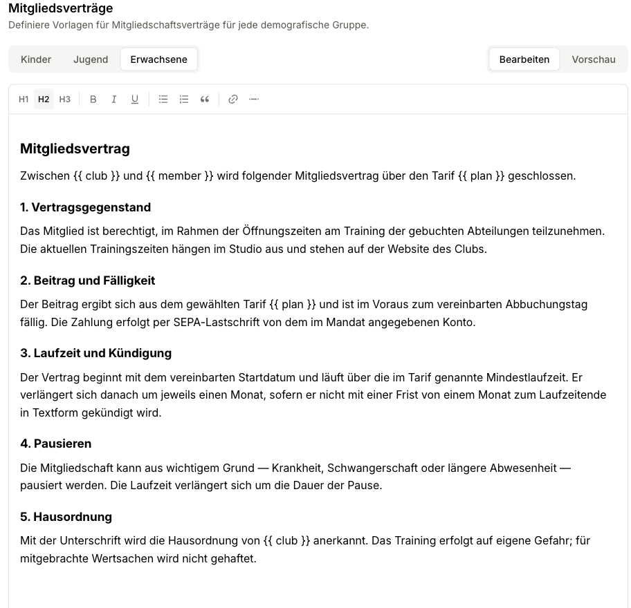Vertragseditor mit einem Tab je Mitgliedergruppe, Formatierungsleiste und dem Umschalter zwischen Bearbeiten und Vorschau