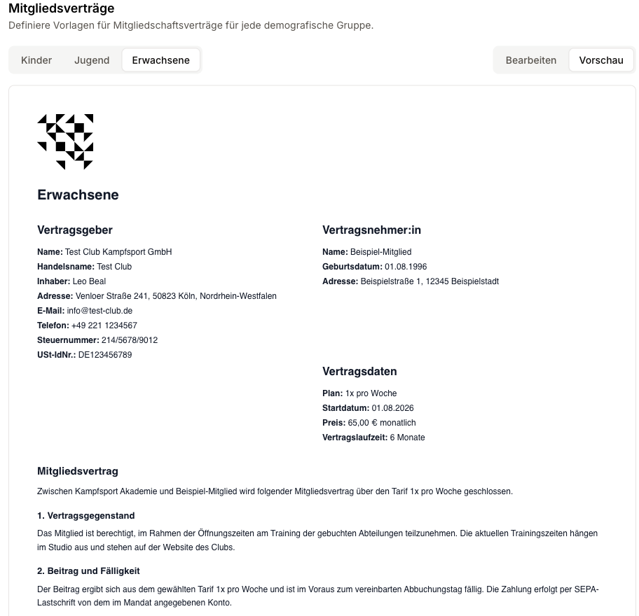 Vorschau des Vertrags mit Kopfbereich, Vertragsparteien und eingesetzten Beispielwerten