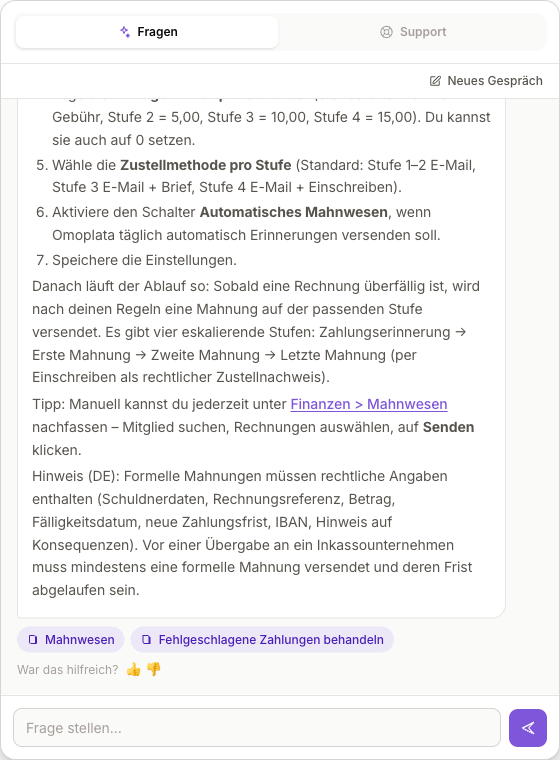 Antwort des Assistenten mit Link in die Anwendung und Quellenangaben unter der Antwort