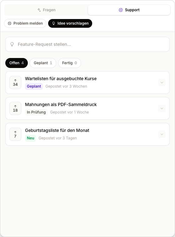 Feature-Board mit Stimmen, Status-Badges und den Filtern Offen, Geplant und Fertig
