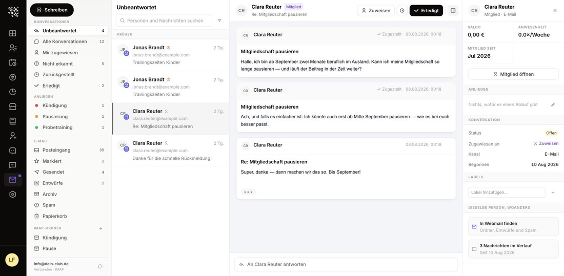 Posteingang mit Ansichten, Konversationsliste, Verlauf und Mitglieds-Kontext