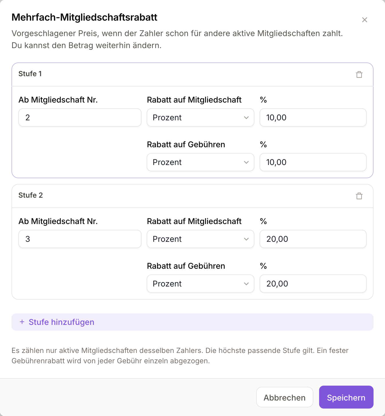 Der Dialog mit zwei Stufen: 10 % ab der zweiten Mitgliedschaft, 20 % ab der dritten, jeweils auch auf Gebühren
