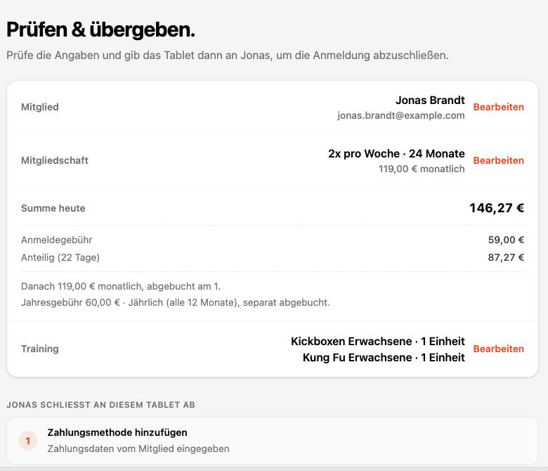 Letzter Schritt der Station-Anmeldung mit Zusammenfassung, erster Abbuchung und Übergabe an das Mitglied