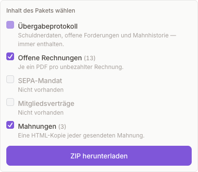 Auswahl des Paketinhalts mit immer enthaltenem Übergabeprotokoll, angehakten offenen Rechnungen und Mahnungen sowie ausgegrauten leeren Gruppen