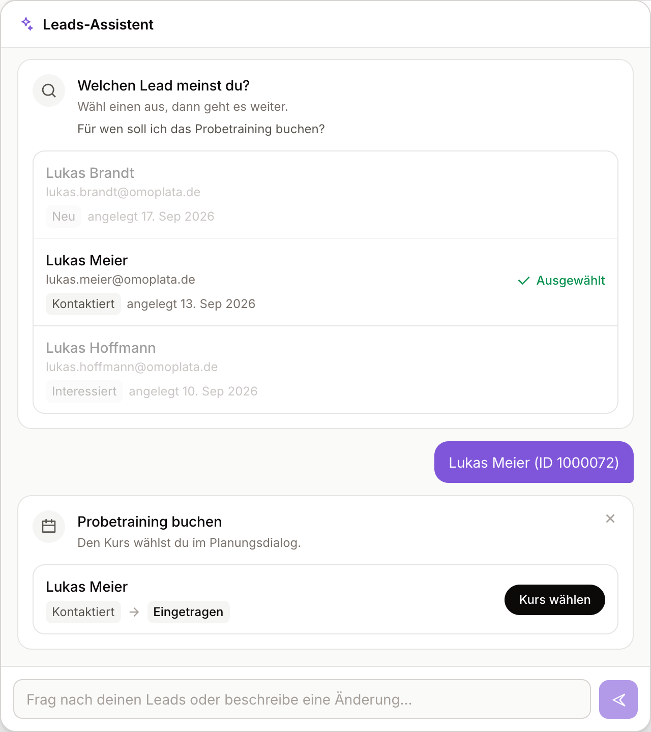 Nach der Auswahl schlägt der Assistent ein Probetraining für Lukas Meier vor