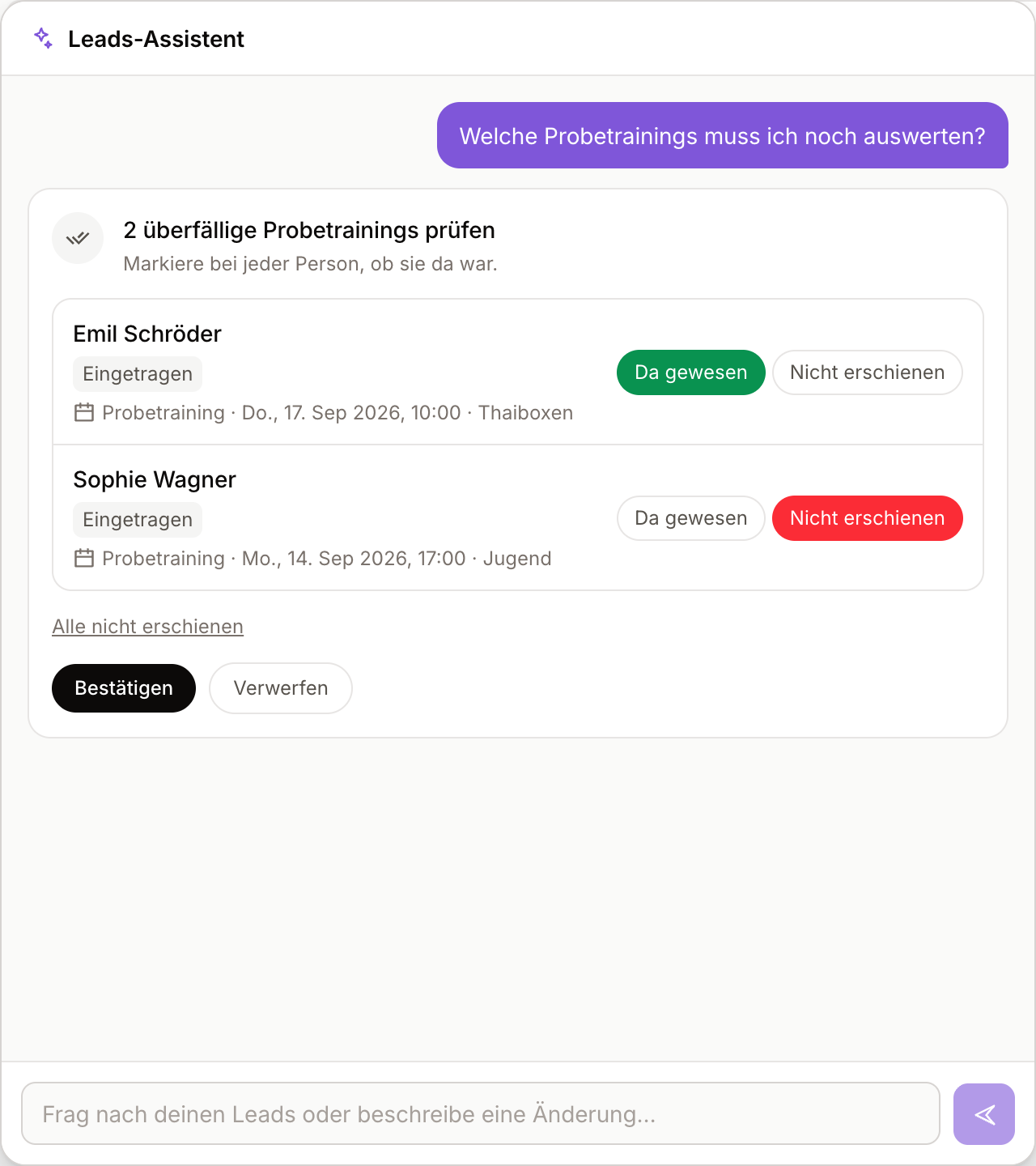 Zwei überfällige Probetrainings mit den Buttons Da gewesen und Nicht erschienen