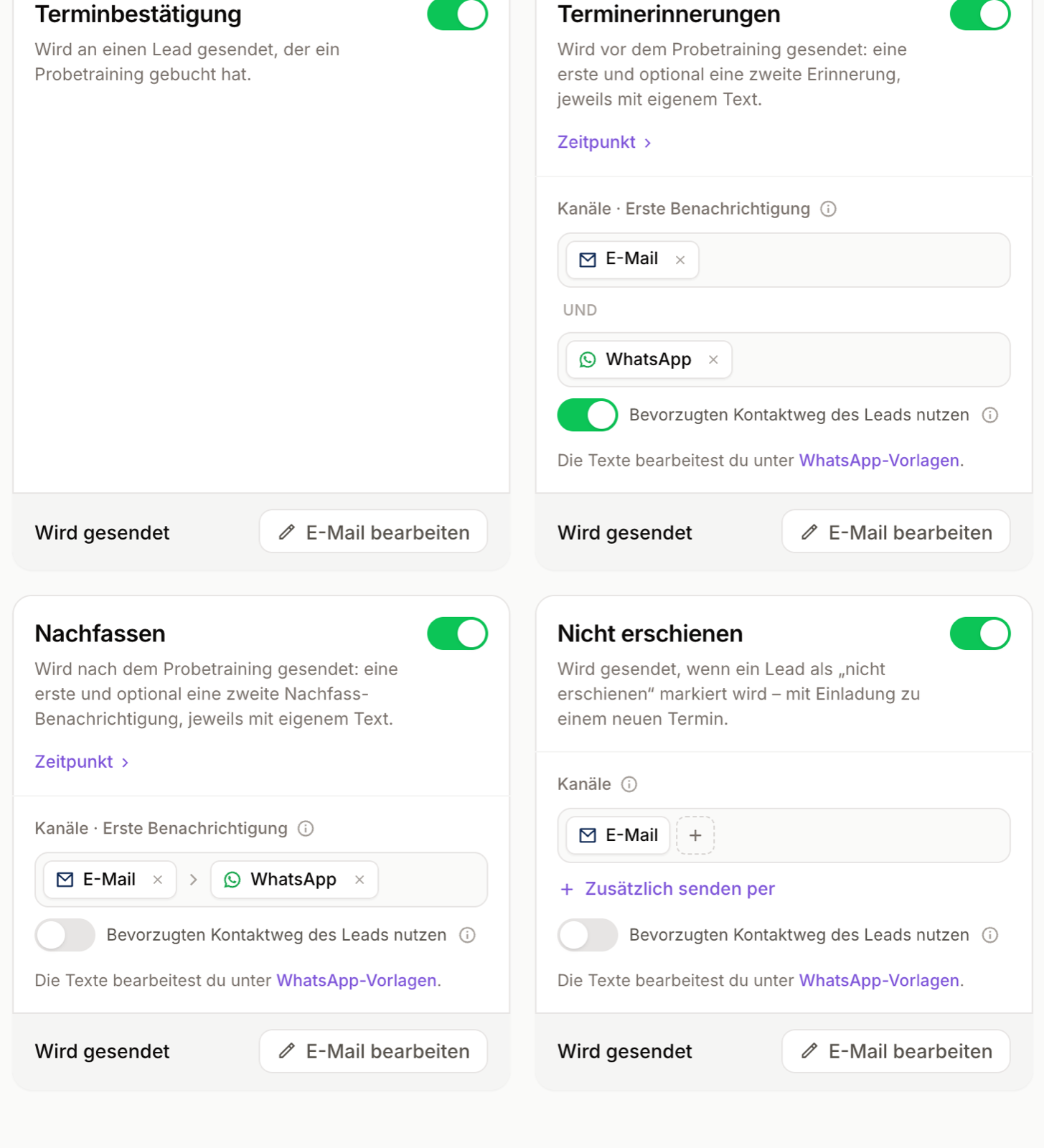 Die Karten Terminerinnerungen, Nachfassen und Nicht erschienen mit den Kanälen E-Mail und WhatsApp