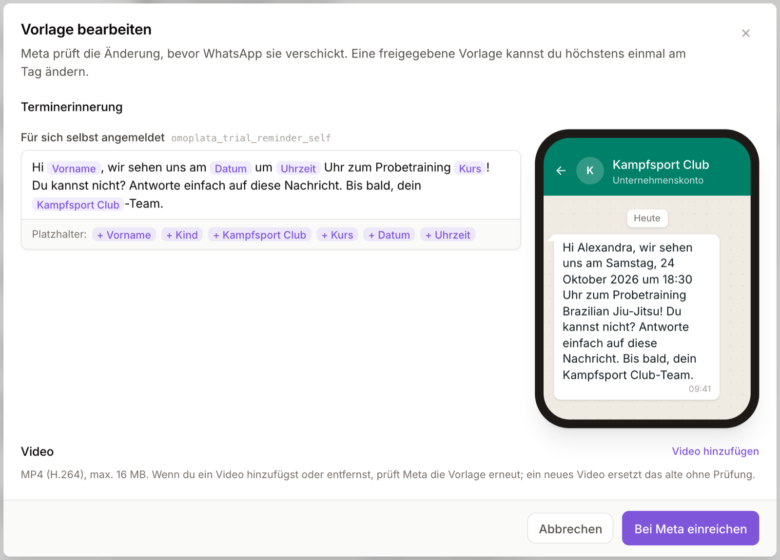 Der Dialog Vorlage bearbeiten mit Text, Platzhaltern, Handy-Vorschau und dem Button Bei Meta einreichen
