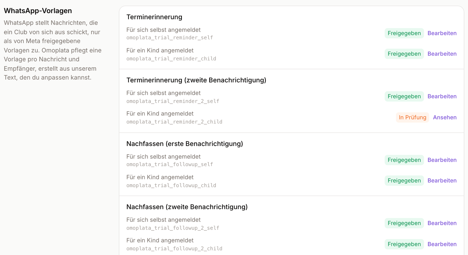 Der Bereich WhatsApp-Vorlagen mit je zwei Vorlagen pro Nachricht und ihrem Status